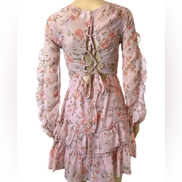 Divided Floral Bohemian Dress Medium M Baby Pink Back-Laced Lined Layered Ruffle - Picture 2 of 12